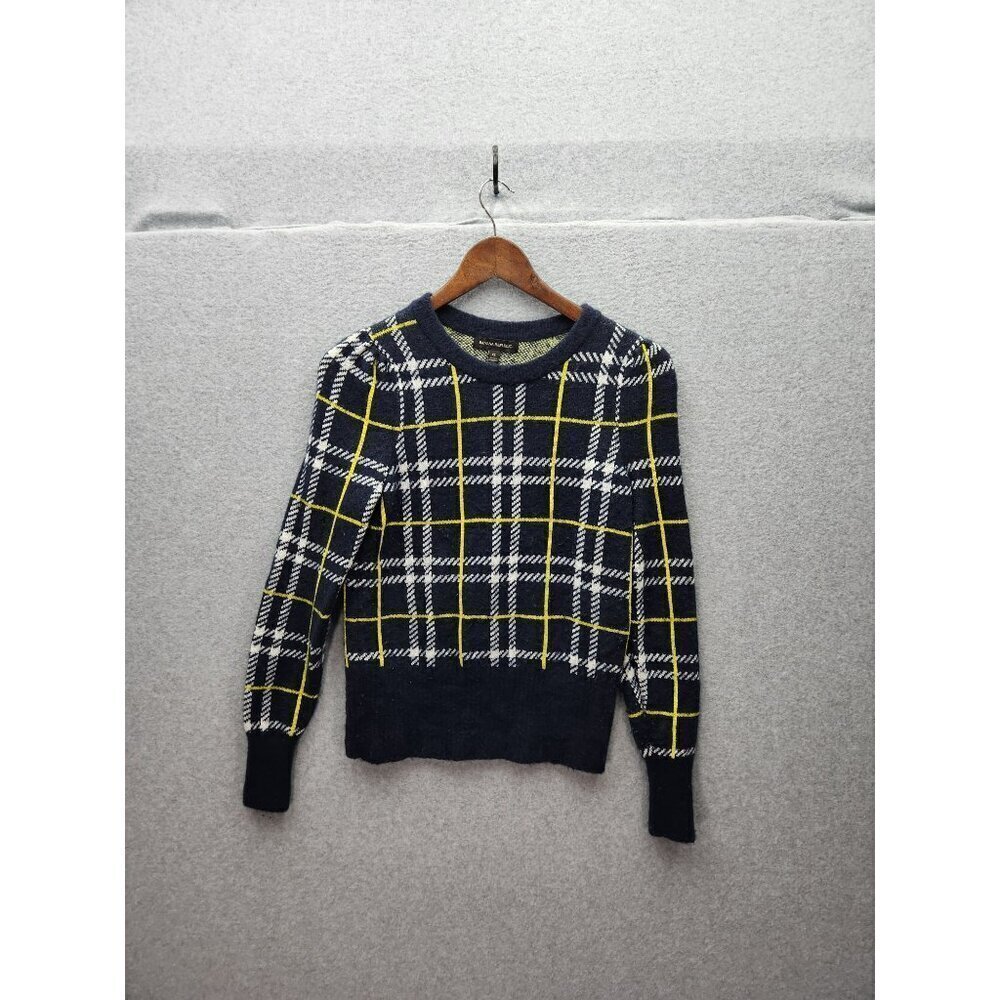 Banana Republic Womens XS Plaid Wool Blend Sweater Navy/Yellow/White